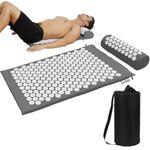 Acupressure Mat and Pillow Set with Bag - 73 X 42 CM Massage Acupuncture Mat - Naturally Relax Back, Neck and Feet Muscles - Stress and Pain Relief (grise)