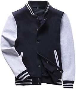Flygo Men's Classic Fleece Varsity Letterman Jacket Flight Bomber Jackets(Large, Navy&Grey)