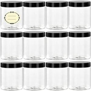 TUZAZO 8 Oz Plastic Containers with Lids and Labels BPA Free, Tuzazo Clear Empty Refillable Plastic Jars for Cosmetics, Lotions, Body Butters, Bath Salt & Beauty Products(12 Pack), Clear, 8 oz