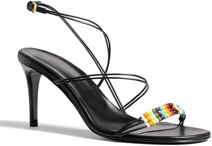 QIV Black Strappy Heels for Women Open Toe Beaded Pearl High Heels Round Toe Ankle Strap Stiletto Heeled Sandals Size 10