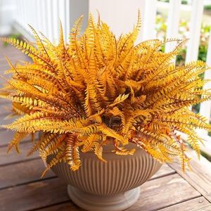 HyeFlora Artificial Fake Fall Autumn Boston Ferns Plants for Outdoor Outside, 10 Bundles Faux Silk Orange Fern Shurb UV Resistant Realistic for Front Door Porch Patio Yard Planter