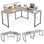 COSTWAY L-Shaped Computer Desk, 240cm Reversible Double Study Writing Workstation for 2 Person, Large Long Corner Home Office Desk Wooden PC Laptop Gaming Table with Monitor Stand (Grey)