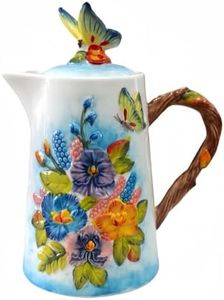 33.82oz /1L Ceramic Teapots for Tea,Dishwasher Safe Tea Pots for Loose Tea,Handmade Relief Painted Decorative Tea Pot Kettle,Coffee Pot (Butterfly Loves Flowers)