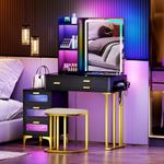 Dystler Makeup Vanity Desk with Lights: Vanity Table with Mirror - Dressing Table with Wireless Charging Station & RGB Lights Mobile Vanity with Drawer Glass-Top Design Girls Black Vanity for Bedroom