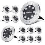 PhilzOps Solar Ground Lights, 12 Pack 8 LED Solar Disk Lights, Outdoor in-ground Lights Waterproof, Flat Solar Lights, Round Solar Puck Light for Landscape, Pathway, Yard, Garden, Walkway, Cool White