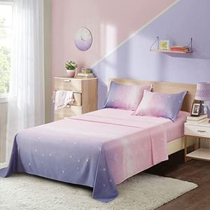 Dinjoy Girls Sheet Set Twin Size, Rainbow Ombre Pink Purple Bedding Set 3 Pieces (1 Fitted Sheet, 1 Flat Sheet,1 Pillowcase) Soft Microfiber Bed Set for Kids Teen Girls Women Bedoom Decor