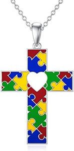 Autism Awareness Ribbon Necklace 925 Sterling Silver Gifts for Autistic Colorful Puzzle Piece Pendant Jewelry for Women, Sterling Silver, No Gemstone