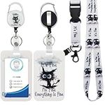 Id Badge Holder with Breakaway Lanyard for Id Badges and Keys, Black Cat Badge Reel Retractable Heavy Duty and Detachable Name Tag Clips, I'm Fine Everything is Fine, Nurse Teacher Office Gifts