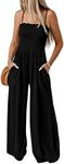 PRETTYGARDEN One Piece Jumpsuits For Women Summer Smocked Spaghetti Strap Wide Leg Dressy Casual Long Rompers With Pockets (Black,Large)