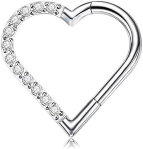 FINE4U Heart Daith Piercing Jewelry 16G 10mm Right Ear - ASTM F136 Titanium Clicker Daith Earrings for Women, Cartilage Earring for Gift Idea
