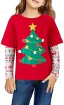 Arshiner Girl Christmas T-Shirt Long Sleeve Plaid Patchwork Tee Top Holiday Cute Shirts for Girls Christmas Red 10-11 Years