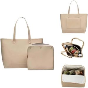 Modern Picnic Vegan Leather Tote Bag for Women, Easily Wipeable, Removable Insulated Pouch For Your Lunch or Snacks, Travel Tote with Luggage Sleeve for Work/Office/Outdoor As Seen on Shark Tank