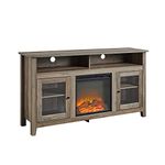 Walker Edison Glenwood Rustic Farmhouse Glass Door Highboy Fireplace TV Stand for TVs up to 65 Inches, 58 Inch, Grey Wash