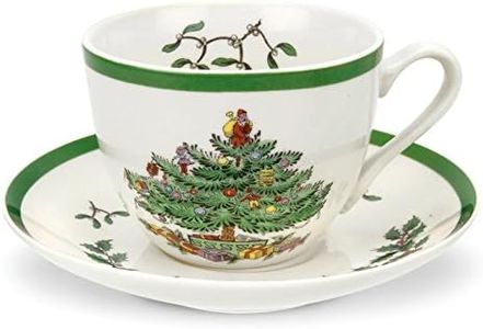 Spode Christmas Tree Teacup & Saucer Set - 7 Oz Earthenware Cup for Tea, Coffee, Cappuccino, Espresso - Holly & Mistletoe Holiday Accents - Holiday Collection Design for Gifting