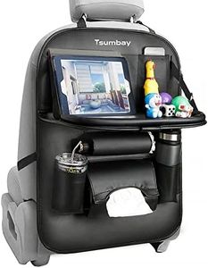 Tsumbay Car Seat Organizer, Car Organizer Back Seat Protector Kick Mats for Kids PU Leather Car Storage Organizer with Foldable Table Tray, Tablet Holder, Tissue Box, Multi Pockets (Black 1 Pack)