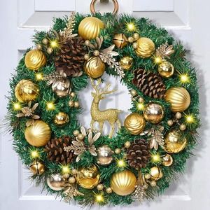 Christmas Wreath Decorations - 16'' Christmas Wreaths for Front Door with Golden Christmas Reindeer Balls Berries Pine Cones Pine Needles Door Wreath for Home Wall Window Porch Indoor Outdoor Decor