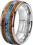 TUTISS 8mm Tungsten Rings for Men Women Engagement Wedding Bands Whisky Barrel Wood Guitar String Blue Opal Inlay Domed Polished Comfort Fit, Non-Precious Metal, No Gemstone