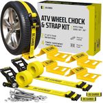 ATV & UTV Wheel Chock Tie Down Kit - 2 Tire Kit with 4x E-Track Wheel Chock, 2x UTV Wheel Tie Down Straps - UTV Tie Down System for ATVs, Riding Mower - Heavy Duty Trailer Tie Downs with ratchet strap