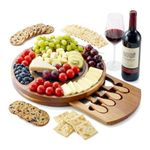 RAXCO Acacia Wood Cheese Board Gift Set with Slate Plate, 32cm Round Charcuterie Board with Hidden Drawer and 4 Specialist Cheese Knives