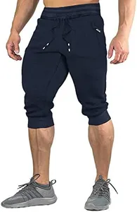 FASKUNOIE Workout Pants for Men Training Basketball 3/4 Long Shorts with Pockets Navy Blue