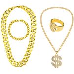 KINBOM 4pcs Hip Hop Costume Kit, Dollar Sign Necklace and Ring Rapper Gold Chain and Bracelet 80s 90s Rapper for Men Women