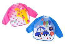 BabyGo Washable 2 Pcs Long Sleeve Bibs, Waterproof Baby Bibs, Toddler Sleeved Bib, Baby Smock for Eating Feeding, 6-24 Months (Multicolor)