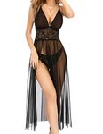 Avidlove Women Lingerie Lace Babydoll Sexy Chemise Nightwear V Neck Sleepwear Mesh Long Gown Maxi See Throgh Lingerie Black S