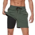 Arcweg Men's Swim Trunks Mens Swimming Shorts with Compression Liner Quick Dry Stretchy 2 in 1 Board Shorts with Zipper Pockets Army Green L (UK)