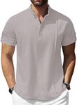 COOFANDY Men's Button Down Henley Shirts Short Sleeve Linen Beach Shirt Casual Banded Collar T Shirts Summer Resort Cruise Wear Grey