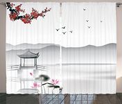Ambesonne Asian Curtains, Japanese Style Garden Bird and Small Pavilion Over The Lake Lotus Waterlily, Living Room Bedroom Window Drapes 2 Panel Set, 108" X 90", Grey Pink