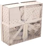 Newborn 7 Piece Luxury Boxed Gift Set, each box contains 1 x Teddy, 1 x Hat, 1 x Pair of Mittens, 2 x Wash Cloths, 1 x Pair of Socks and 1 x Burp Cloth