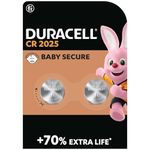 DURACELL 2025 Lithium Coin Batteries 3V (2 pack) - Up to 70% Extra Life - Baby Secure Technology - For Use in Key Fobs, Fitness Watches and 3D Glasses - Baby Secure Packaging