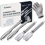 DOXILA Fish Scale Remover, 4PCS Stainless Steel Fish Scale Cleaner Scraper with Glove, Saw Tooth Fish Cleaning Brush Peeling Descaler Kit, Kitchen Cooking Prepare Tools, Easier & Faster Scaling