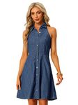 Allegra K Denim Dresses for Women, Halter Neck Button Down Backless, Ladies Shirt Dress Blue XL