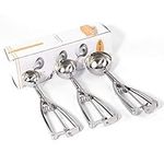 Ice Cream Scoop, Cookie Scoop Set of 3, Stainless Steel Ice Cream Scooper Include Large-Medium-Small Size, Good Grips Trigger Durable Squeeze Melon Disher Mini Cupcake Scoop Elegant Gift Box