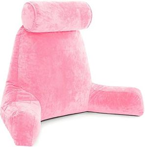 Husband Pillow XXL Reading Pillow for Bed Backrest with Arms - Pink - Adult - Shredded Memory Foam, Ultra-Comfy Microplush Cover & Detachable Neck Roll - Unmatched Support Bed Rest Sit Up Pillow