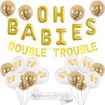 JOYMEMO Twins Baby Shower Decorations Set Gold Theme, Double Trouble Banner, OH BABIES Balloons, Mummy To Be Sash for Babies Party Supplies