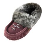 Laurentian Chief Women's Beaded and Rabbit Fur Collar Suede Moccasins Slippers (5, numeric_5)