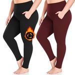 FULLSOFT 2 Pack Plus Size Fleece Lined Leggings with Pockets for Women - High Waist Stretchy 1X-4X Yoga Pants - Thermal Leggings for Winter Workout Running(3XL-Black,Wine red)