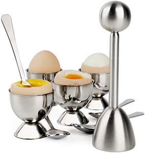 Egg Cracker Topper Set Soft Hard Boiled Eggs Separator Holder Include 4 Egg Spoons and 4 Egg Cups 1 Shells Remover Top Cutter Stainless Steel for Breakfast Kitchen Tool