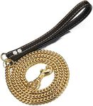 Aiyidi Strong Dog Chain Gold Leash Long 3FT 4FT 5FT 18K Gold Plated Stainless Steel 12mm Curb Cuban Link Dog Leash with Comfortable Genuine Leather Handle(Gold, 3FT)