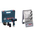 Bosch Professional 12V System Cordless Combi Drill GSB 120-LI (incl 2 x 1.5 Ah Battery, Charger GAL 1210 CV, Carrying Case) + Metal Twist Drill HSS-Set PointTeQ X-Pro Line 7-Piece, 2-10 mm