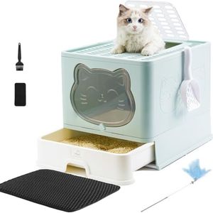 HelloMiao Fully Enclosed Cat Litter Box with Lid, Foldable Extra Large Cat Toilet, Drawer Type Cat Litter Tray with Plastic Scoop, Suitable for Cats Under 17.6Ib(8kg)