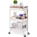 TOOLF 3-Tier Rolling Cart, Metal Utility Cart with Detachable Tray Top, Storage Craft Art Cart Trolley Organizer Serving Cart Easy Assembly for Bathroom, Living Room, Office, Kitchen, Classroom, White