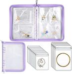 Uprony Travel Jewelry Organizer Transparent Storage Book Set with Pocket Traveling Necklace Earring Zipper for Ring,Bracelets,Stud (120 Grids +75 Thicken PVC Bags,Purple)