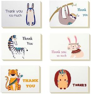 Bailanteバイランデ Thank You Cards for Kids, 6 Cards and Envelopes Assortment, All Occasion Assorted, Birthday, Wedding, Congratulation, Thank You, Daily - Tiger/Zebra/Sloth/Rabbit*2/Hedgehog