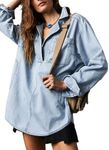 Fazortev Women's Denim Pullover Casual Button V Neck Blouse Loose Fit Long Sleeve Jean Jacket With Pocket