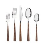 Wooden Handle Silverware Set, 20PC Stainless Steel Color Handle Flatware, Retro Style Cutlery set Includes Forks Spoons Knifes. Fiestaware for Daily Use and Party, Vintage Utensils, Dishwasher Safe