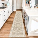 Yamaziot Washable Runner Rug, 2x10 Non-Slip Boho Vintage Hallway Rug Runner with Rubber Backing, Stain Resistant Faux Wool Distressed Carpet Runner for Kitchen, Laundry, Entrance, Beige Brown