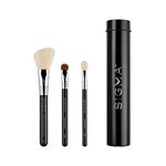 Sigma Beauty Travel Essential Trio - Makeup Brush Set for Foundation Powder Eyeshadow - 3 Tool Brushes with Brush Tin Holder - Skin Safe, Vegan Makeup Brushes for Travel - Black